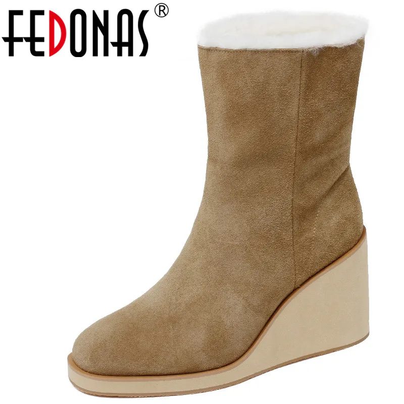 

FEDONAS High Quality Women Wedges Heels Ankle Boots Winter Warm Wool Cow Suede Leather Office Ladies Shoes Woman Fashion Concise