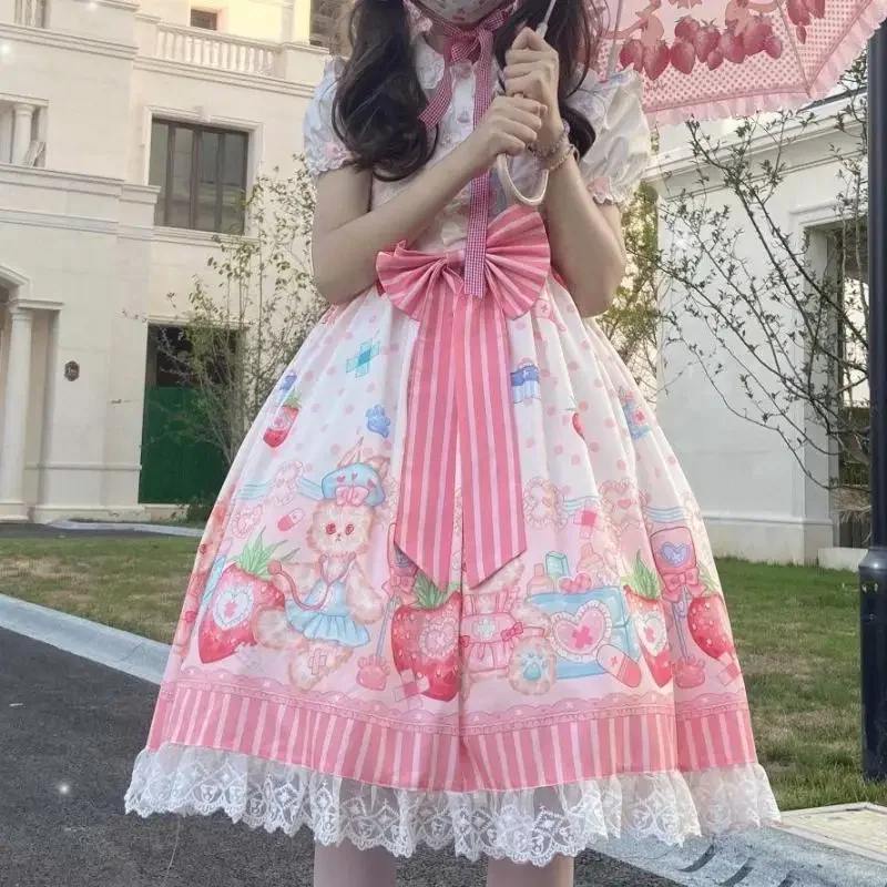 Japonês Harajuku Sonho JSK Lolita Vestido, Gato bonito Imprimir Bow Strap Dresses, Doce Princesa Mini Camisola, Kawaii