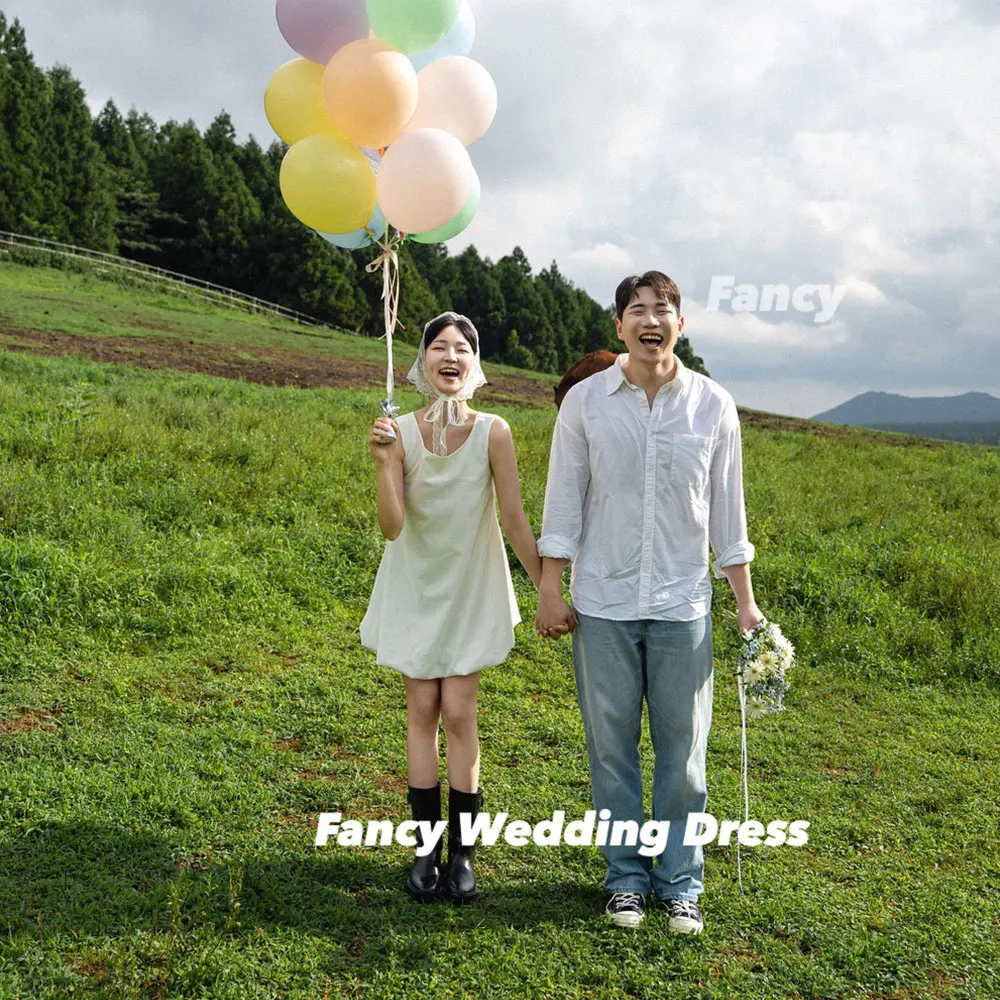 

Fancy Simple O Neck Korea Wedding Dress Mini Short Short Taffeta Bridal Gown Photo Shoot A Line Back Zip Customzied