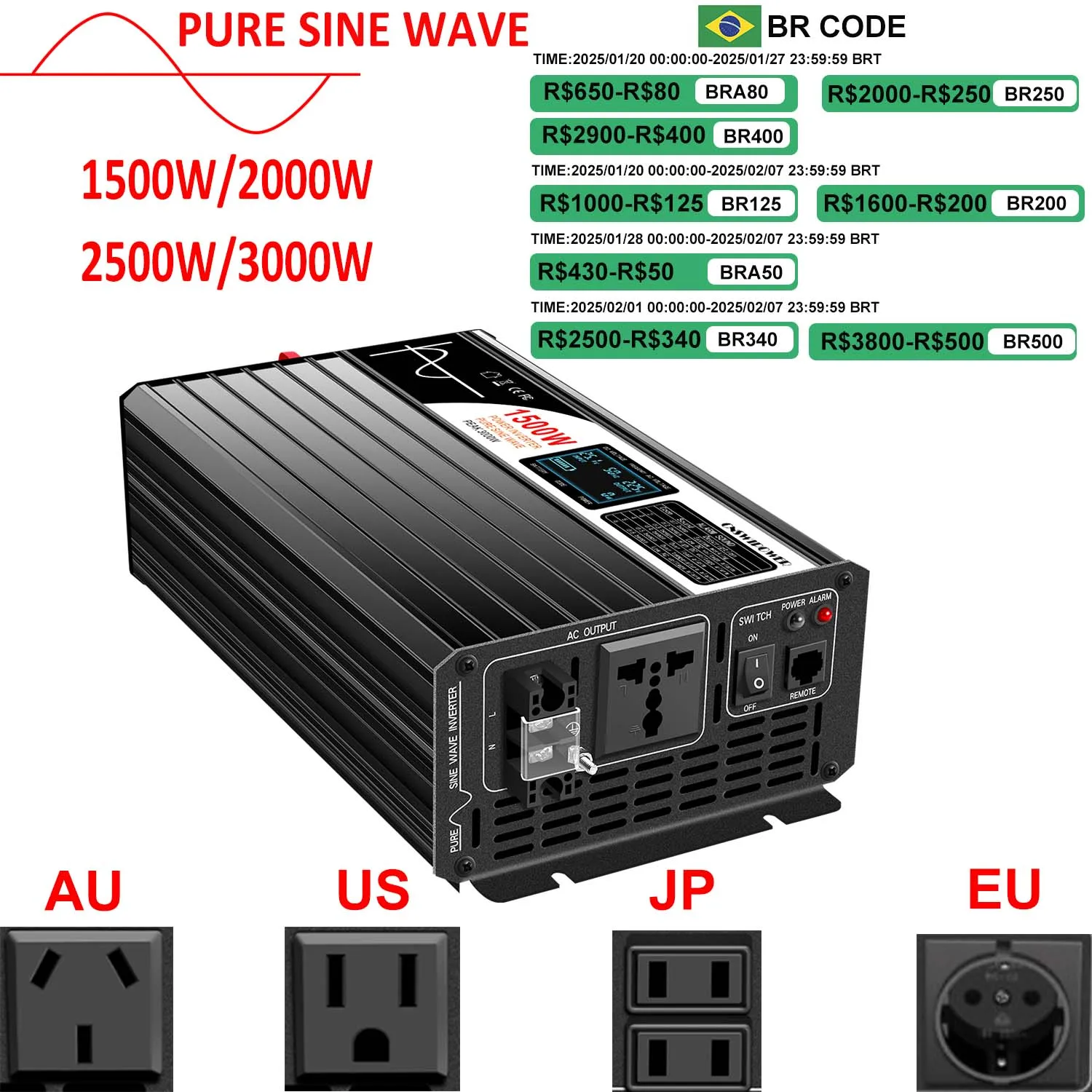 1500W 2000W 2500W 3000W pure sine wave solar power inverter 12V/24V/48V DC to 110V 220V AC LCD screen