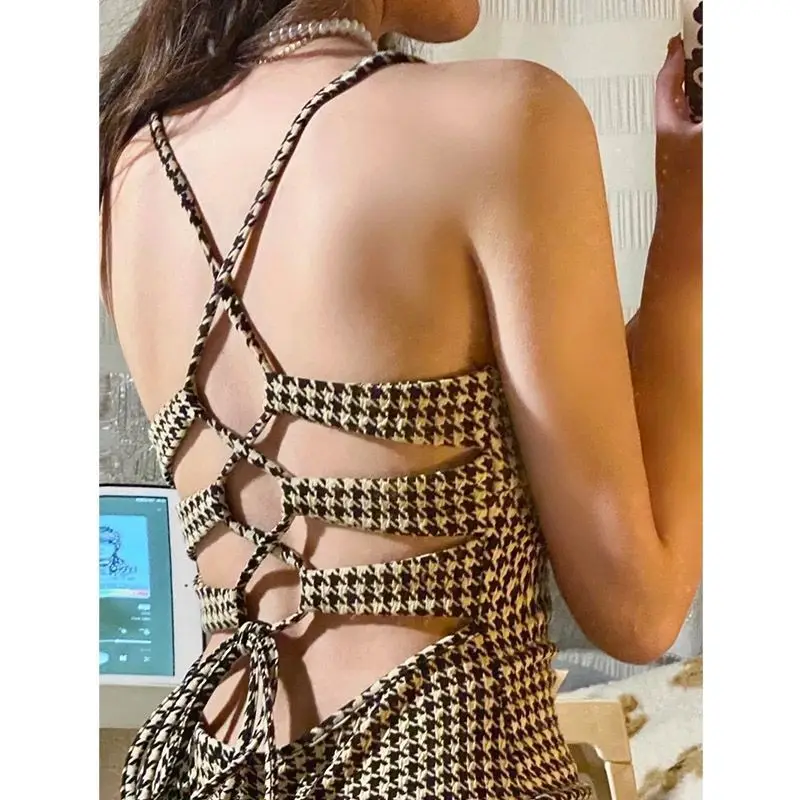 French Retro Houndstooth Temperament Sexy Slim Hip-packing Suspender Long Skirt Hong Kong Style Cross-stretched Dress