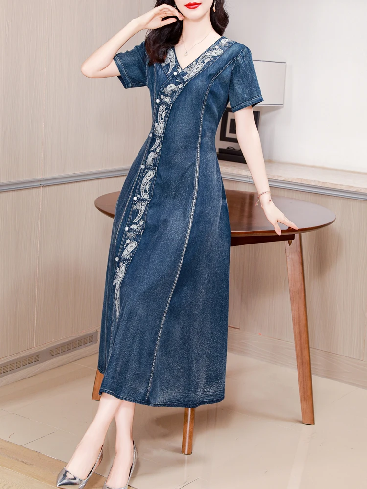 TIYIHAILEY Chinese Style Embroidery Dress V-Neck Single Breasted Long Mid-Calf Ladies Short Sleeve Summer Denim Plus Size M-5XL