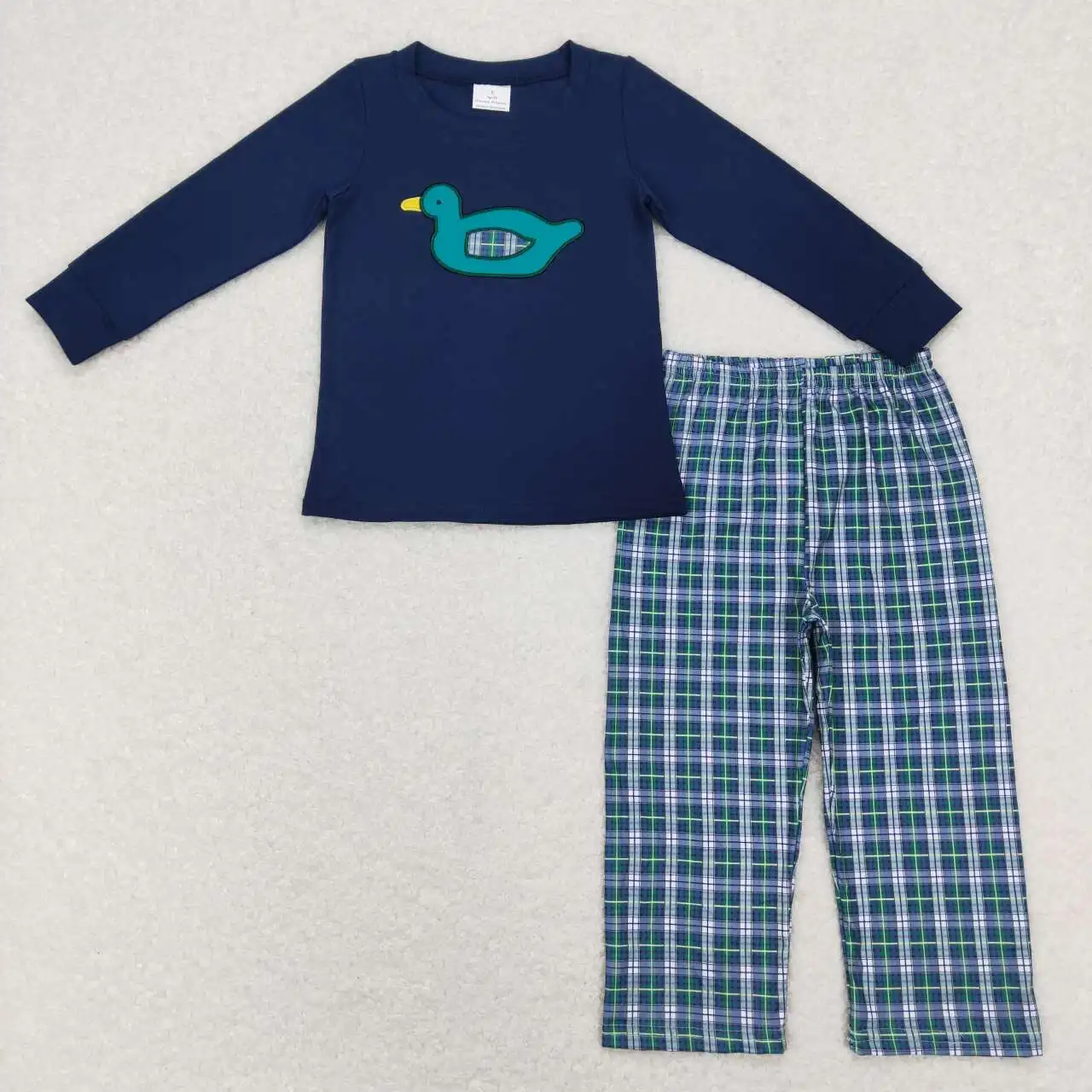 wholesale children's clothing  hot sale for baby boys clothes Embroidered Duck Navy Blue Long Sleeve Plaid Pants Suit