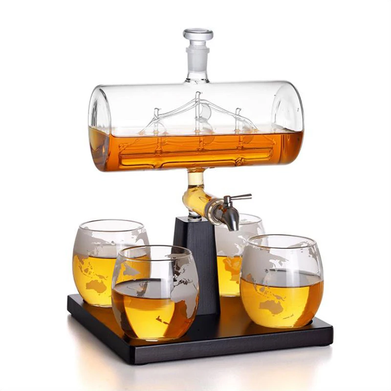 Whiskey Decanter With Antique Shape The Wine Ship Decanter Set With 4 Globe Glasses Cups Sail Glass Wine Decanter