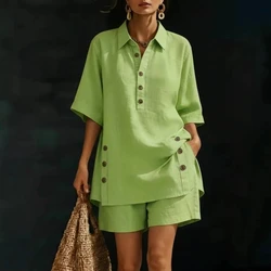 2026 Summer New Women's Short sleeved Shirt Loose Pants Set Fashion Two-piece set Ladies Solid color Casual Shorts Clothing Sets