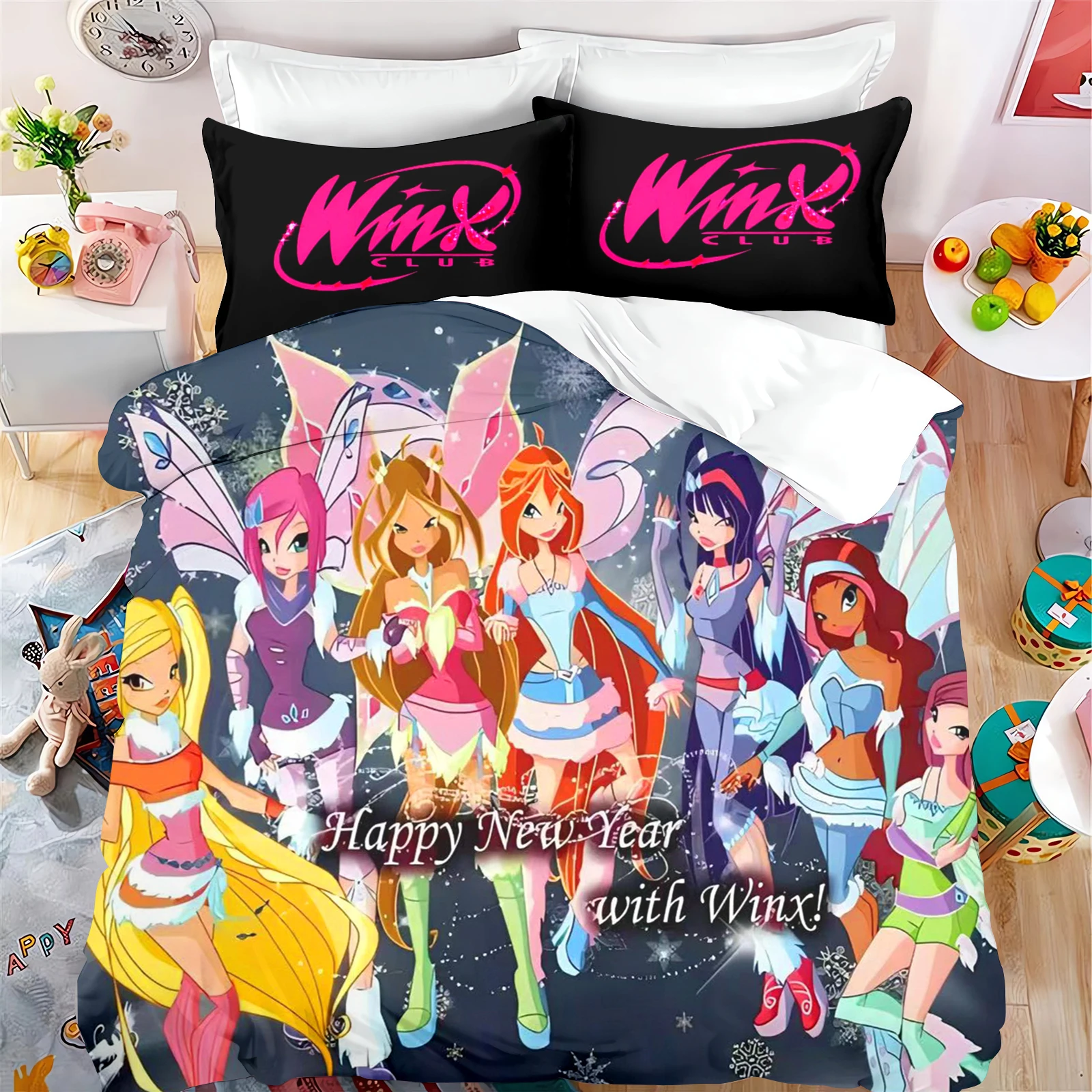 Winx Club 3pcs Quilt Cover Fairy Comforter Children Bedroom Set Cute Bedding Polyester Decor Soft Comfortable Knitting Supplies