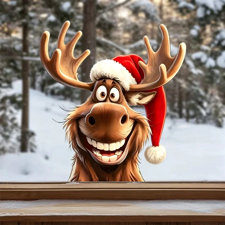 Funny Peeking Xmas Moose Window Sticker, Fluffy Red Santa Hat Realistic Cartoon Moose Print, for Living Room Balcony Bedroom