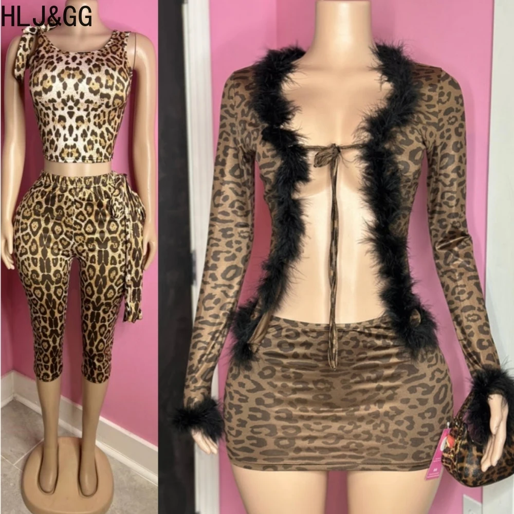 

HLJ&GG Sexy Fur Stitching Leopard Two Piece Sets Women Hollow Long Sleeve Lace Up Slim Top And Mini Skirts Outfits Streetwear