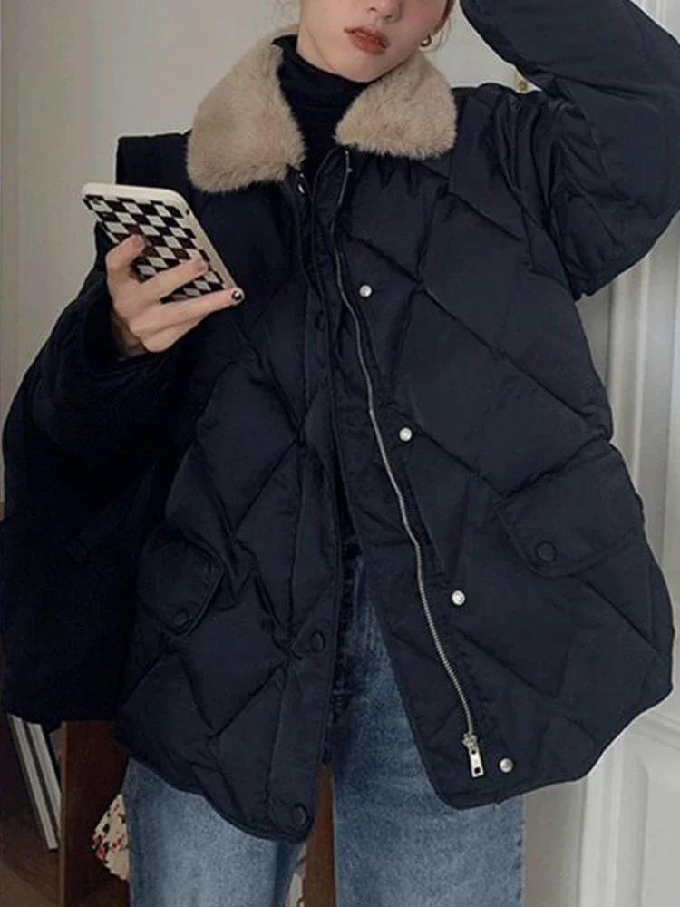 Padding Coat Women Vintage Argyle Parkas Female Autumn Winter Warm Down Jacket Lady Casual Loose Zipper Patchwork Fluffy Coats
