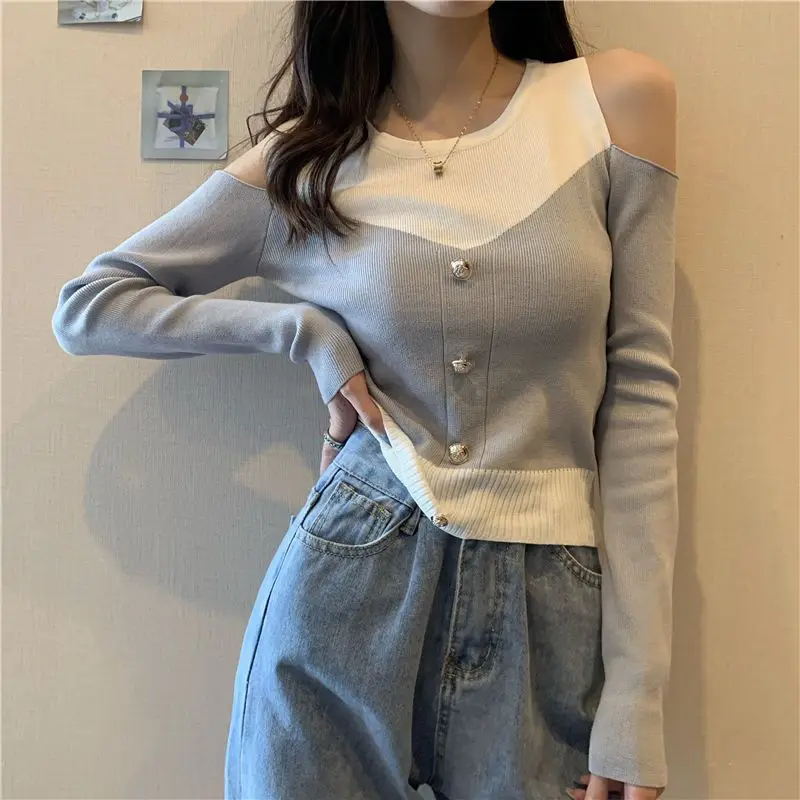 Off Shoulder Contrast Short Pullovers Top Spring Autumn Hollow Out Slim Patchwork Trend Sweaters Korean Fashion Women Clothing