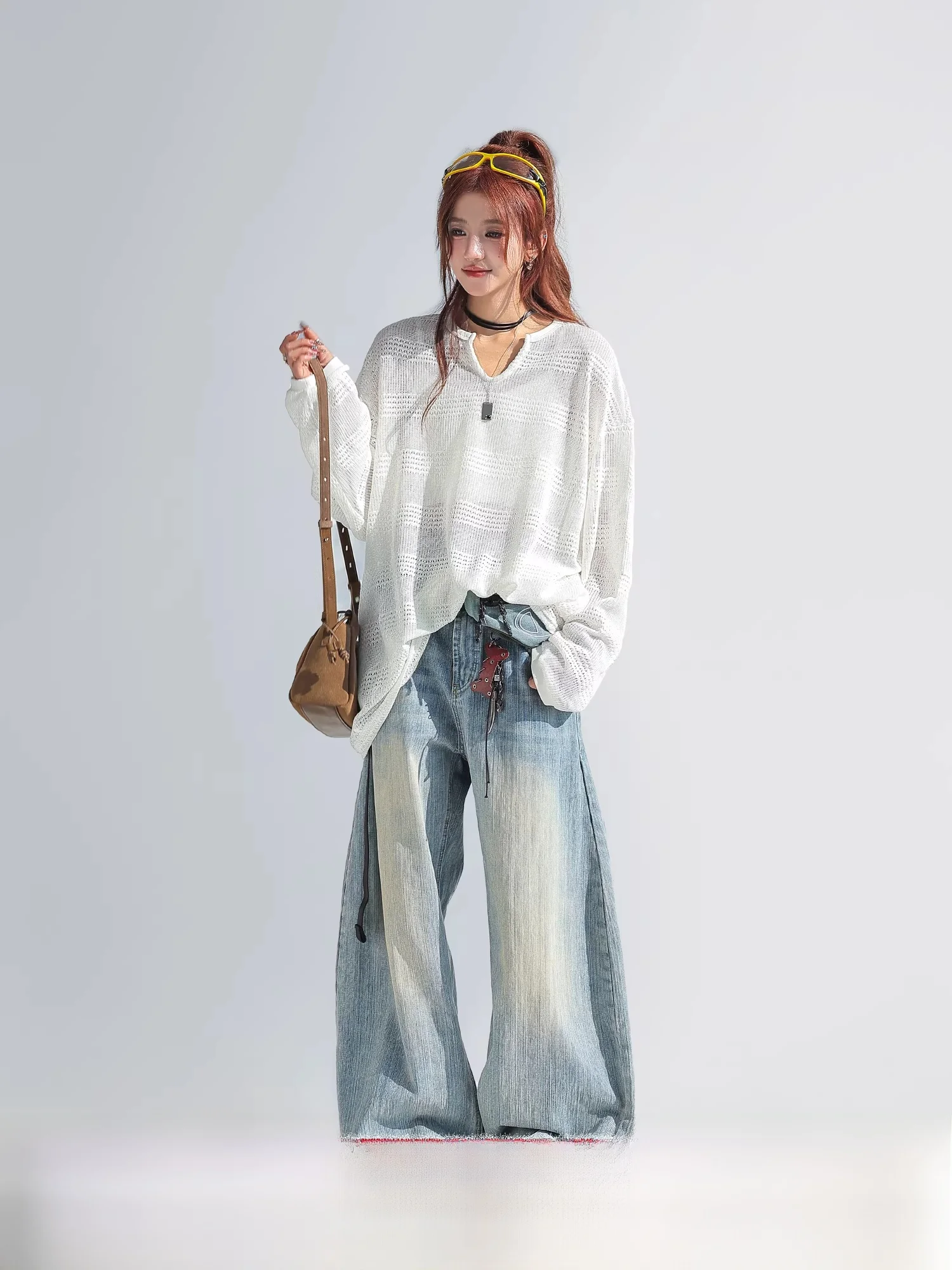 

Loose Long Sve V-Ne T-irt Women's Spring New Sle Casual Hollow out Cover up Polyester Fiber Breathable Comfortable