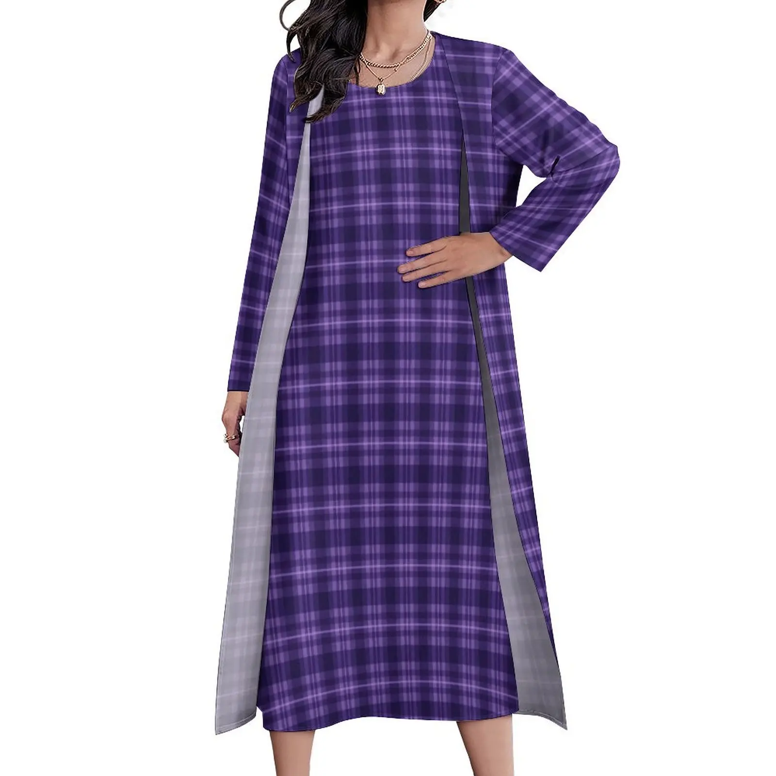 

Purple Plaid Dress Two-Piece Retro Check Print Street Fashion Bohemia Long Dresses Female Cute Maxi Dress Birthday Gift