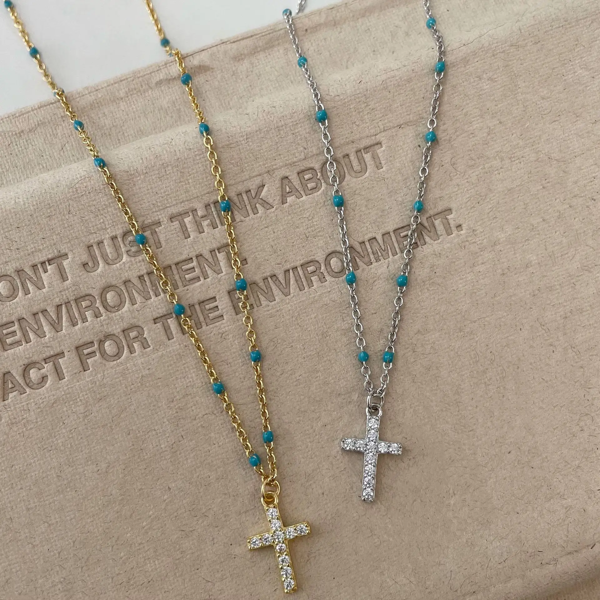 

Fashionable, light luxury, versatile, high-end S925 sterling silver natural stone colorful resin cross pendant necklace