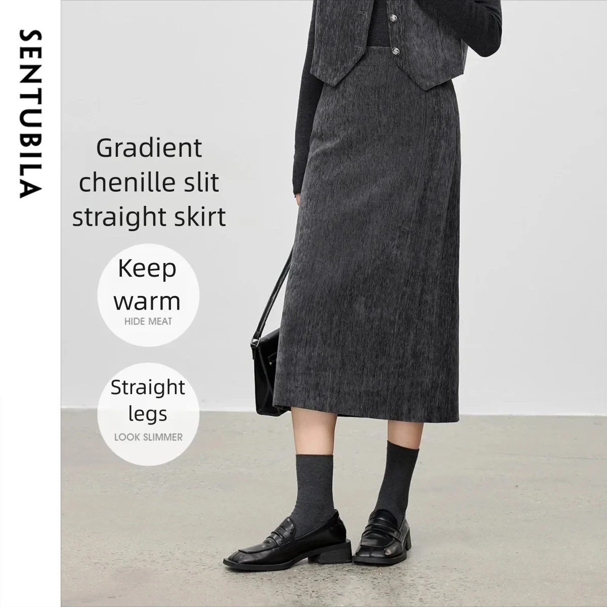 SENTUBILA Women's Straight Skirt 2026 Autumn New Gradient Ink Dyeing Thick Warm High Waist Split Hem Commuter Skirt 154QF3964