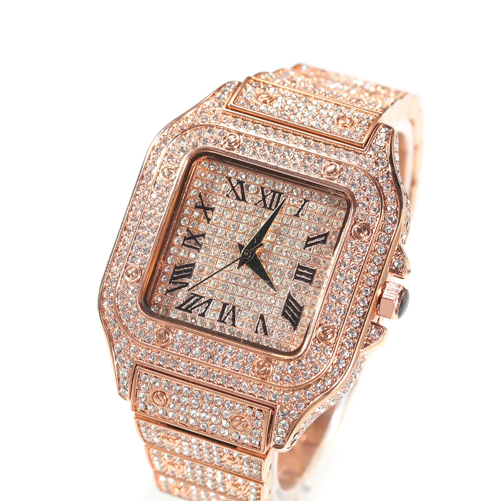 Uwin Square Full Iced Out Watches Men Stainless Steel Fashion Luxury Rhinestones Quartz Square Business Watch