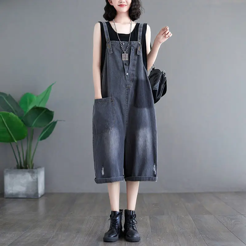 2022 Summer Korean Version Loose  Large Size Denim Overalls Wide Leg Jumpsuit All-Match Cropped Pants Women Strap Jeans h1851