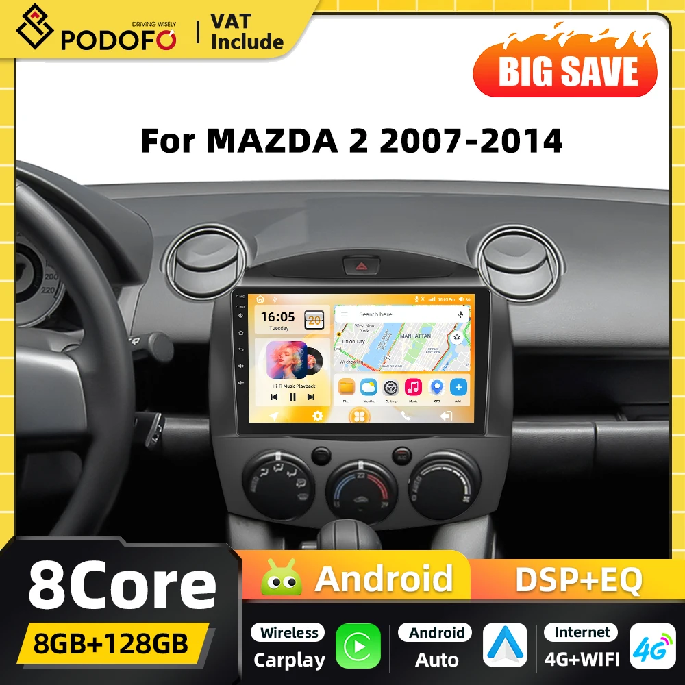 Podofo AI Voice 2din Android Autoradio Multimedia-Player für MAZDA 2 2007-2014 GPS-Navigation Carplay Android Auto WIFI DSP FM RDS Bluetooth