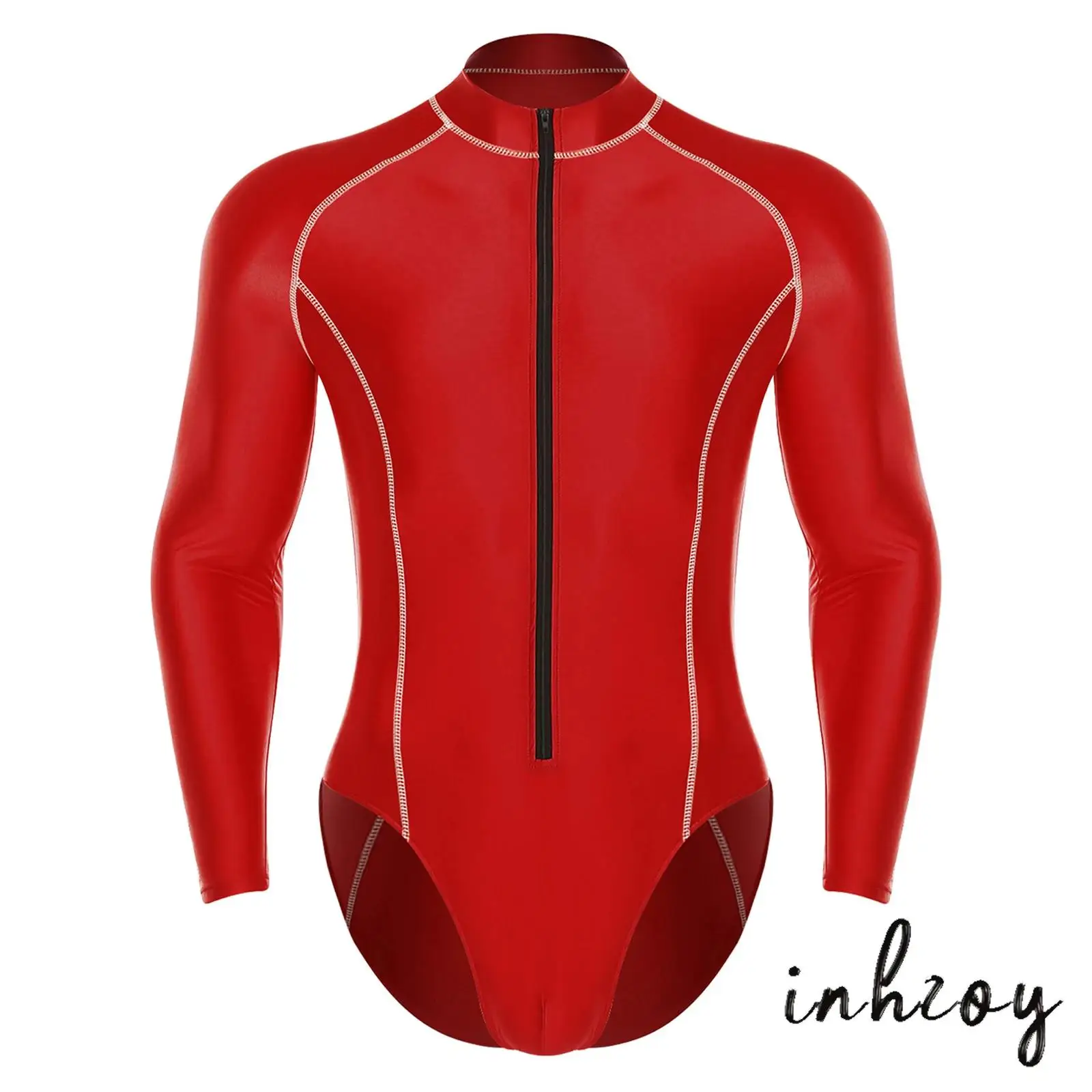

Mens Glossy Bodysuit Mock Neck Long Sleeve Front Zipper Leotard Jumpsuit Rash Guard for Beach Surfing Swimming Workout