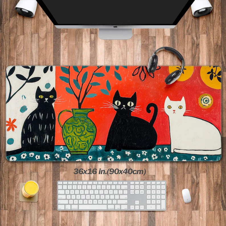 

Black Cat and White Kitten XXL Mouse Pad,Cute Large Office,Matisse Painting Style Office Mat,Laptop Mat,Gift for Girlfriend