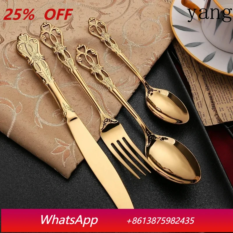 

4pcs Gold Stainless Steel Cutlery Set Royal European Spoon Fork and Steak Knife Retro Hollow Design Dinnerware Luxury Tableware