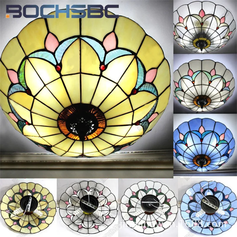 BOCHSBC Tiffany style stained glass European Mediterranean ceiling lamp for dining room bedroom corridor overhead light LED deco