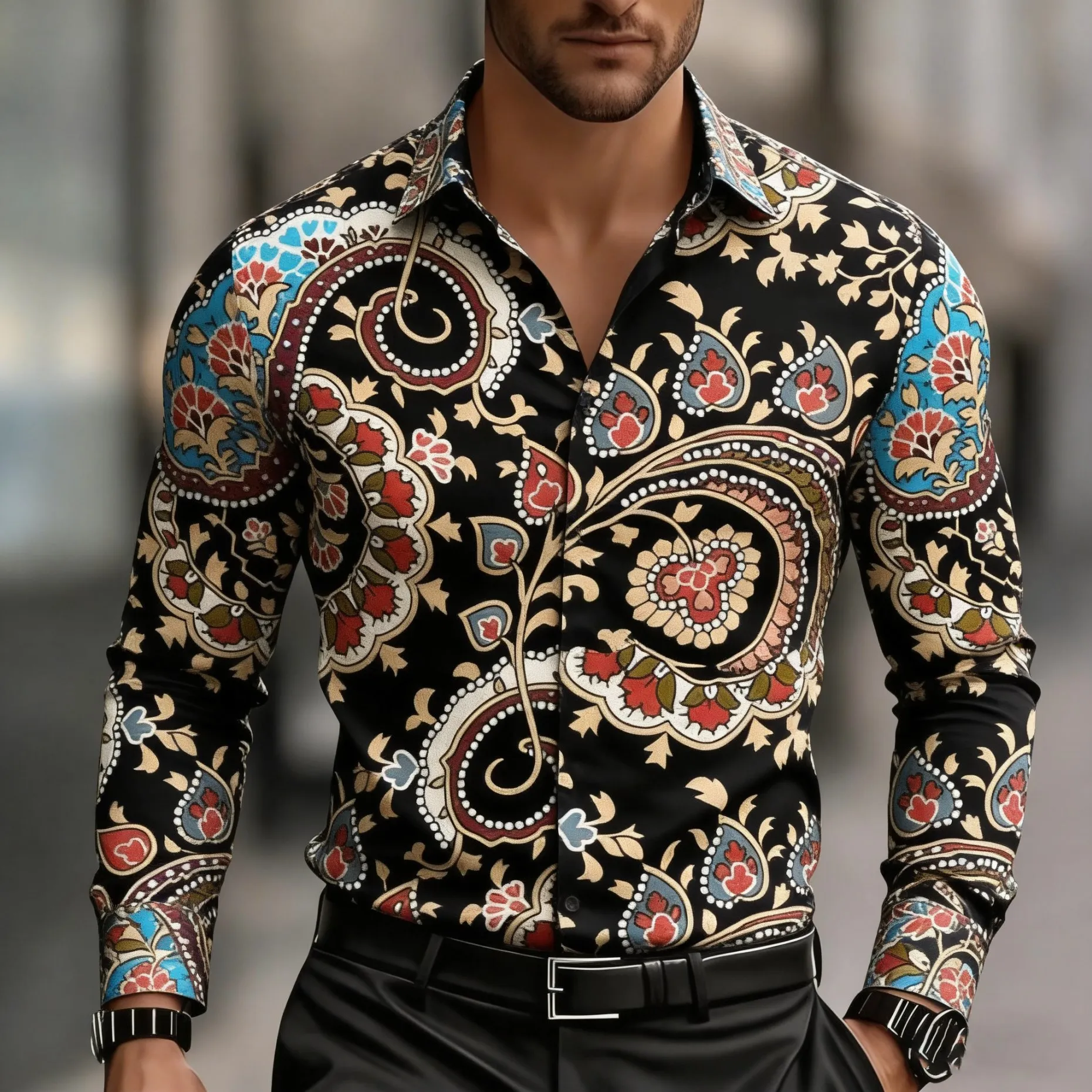 Men's long-sleeved geometric print shirt, trendy retro paisley floral pattern, comfortable everyday office men's collared shirt.