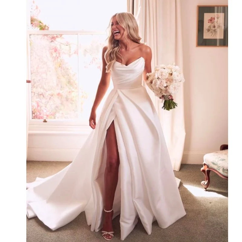 

Satin Simple Wedding Dresses A-line Sleeveless Zip Back Buttons Bridal Gowns Side Slit Court Train