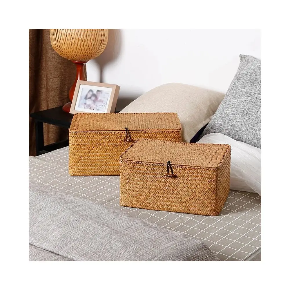 Flat Woven Wicker Storage Bins with Lid Natural Seagrass Basket Boxes Multipurpose Home Toys Organizer Boxes for Shelf Organizer