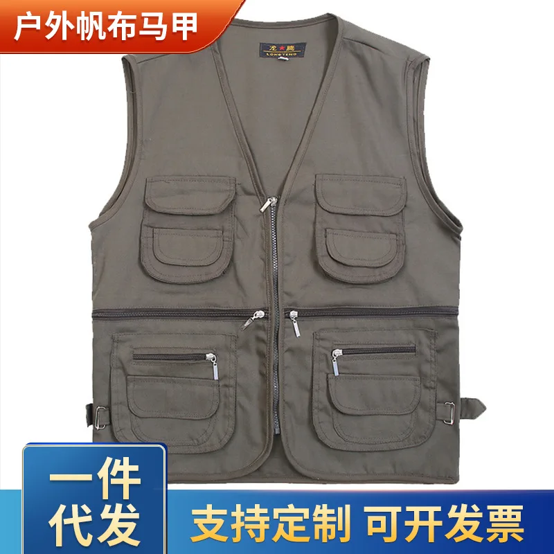 

2024 Men's Outdoor Canvas Photography Vest Multi-Pocket Fishing Work Waistcoat