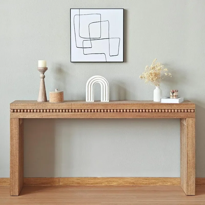 Console Table for Living Room, Long Sofa Table Behind Couch with Real Wood Beads Decoration, Retro Entryway Table for Hallway