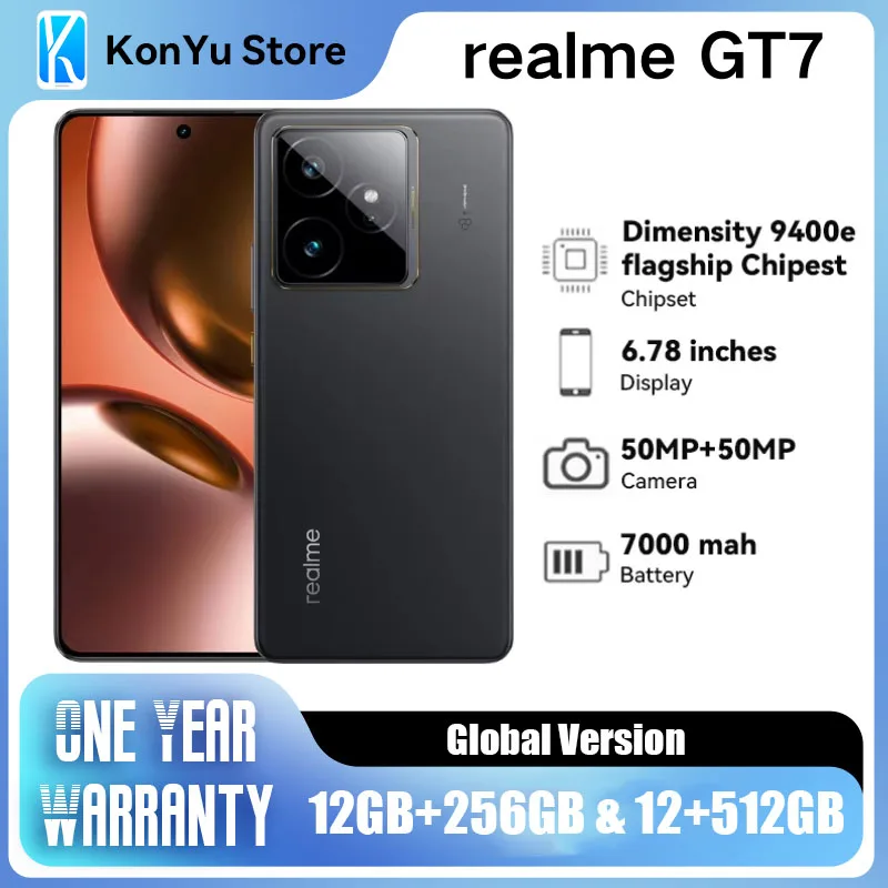 

realme GT 7 5G Smartphone Dimensity 9400e Chipset 7000mAh Battery 120W Charge 6.78" 120Hz AMOLED Display 50MP OIS Camera Phone