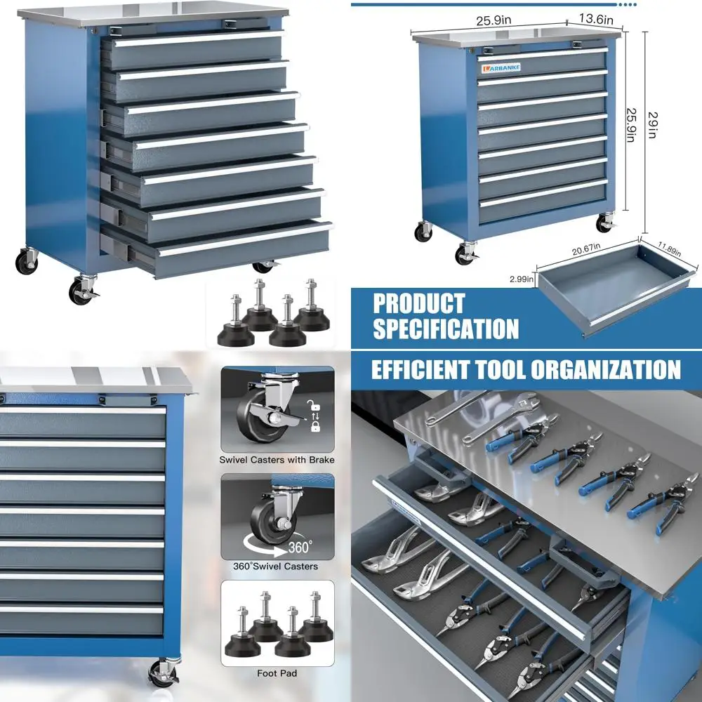 Portable 7-Drawer Steel Tool Storage Cabinet with Lockable System and Swivel Wheels
