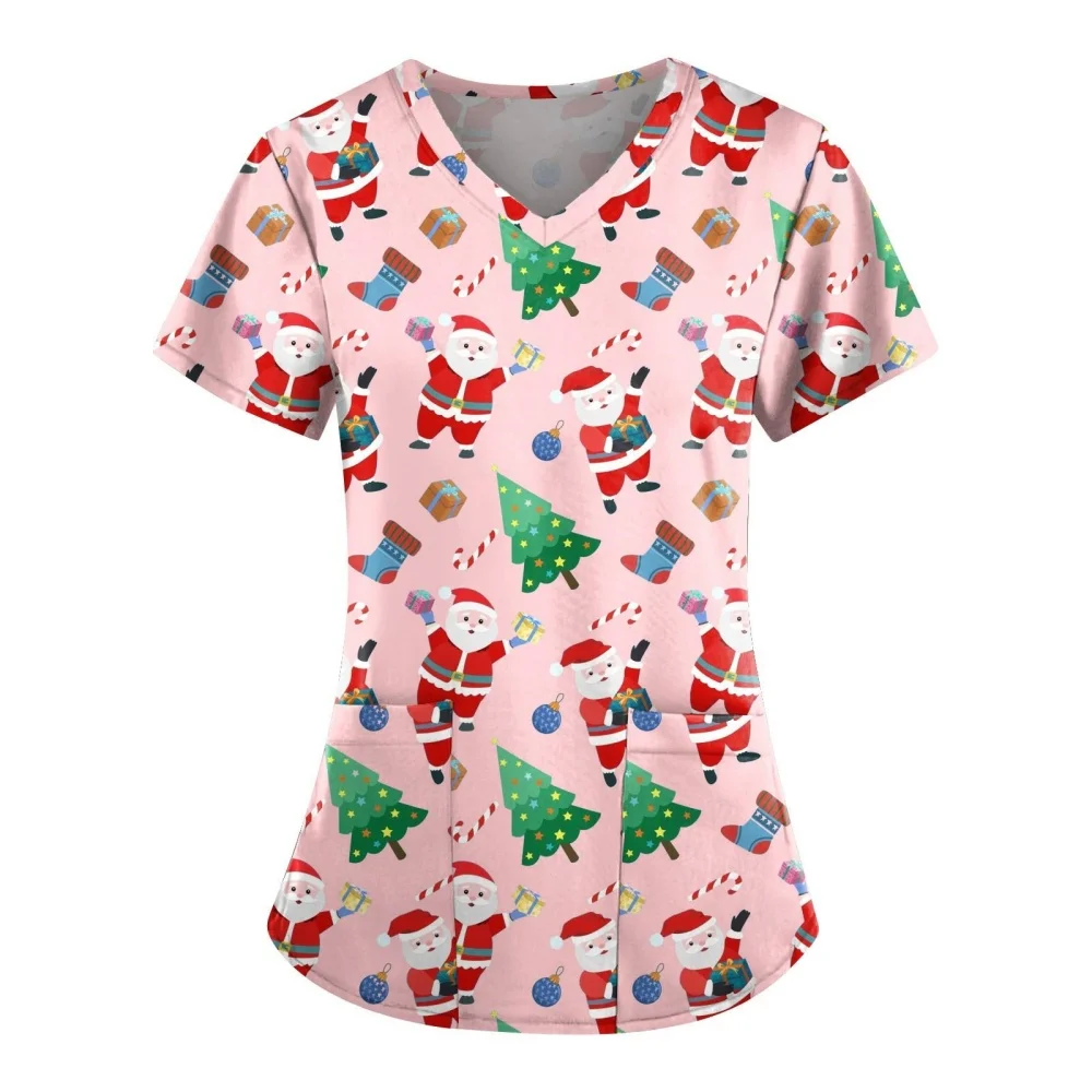 Christmas Scrubs Medical Uniforms Woman Fashion Snowman Print Summer Casual V-Neck Short Sleeve with Pockets Surgical Uniform