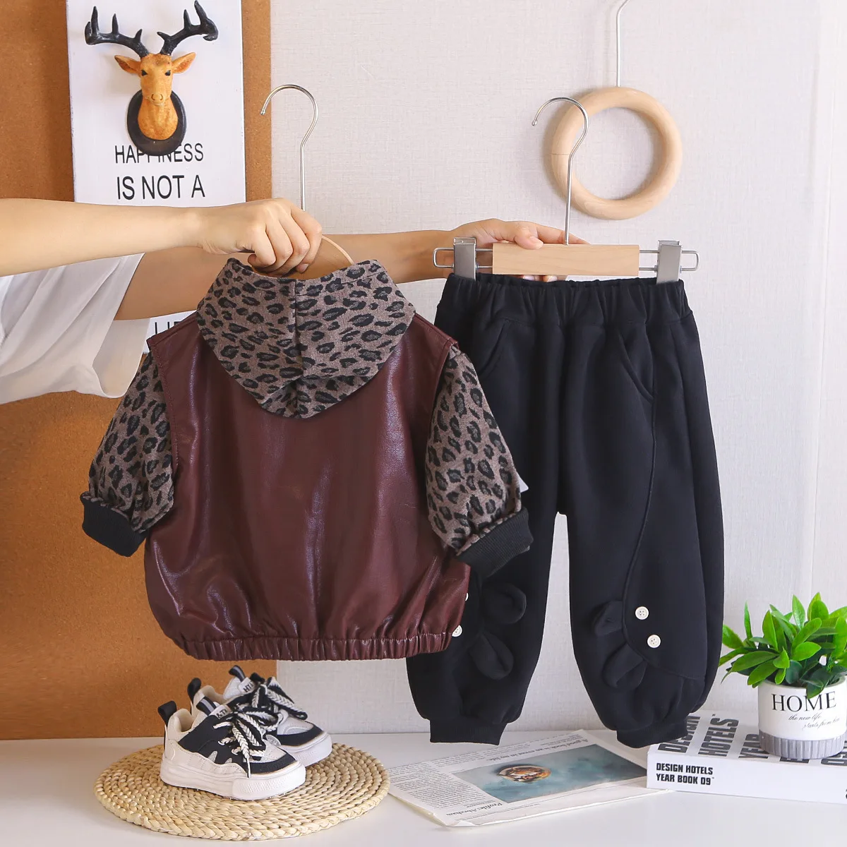 Toddler Boys Christmas Outfits 2026 Autumn Winter Baby Boy Clothes PU Leather Vest + Leopard Hoodies + Pants 3 PCS Kids Suit Set