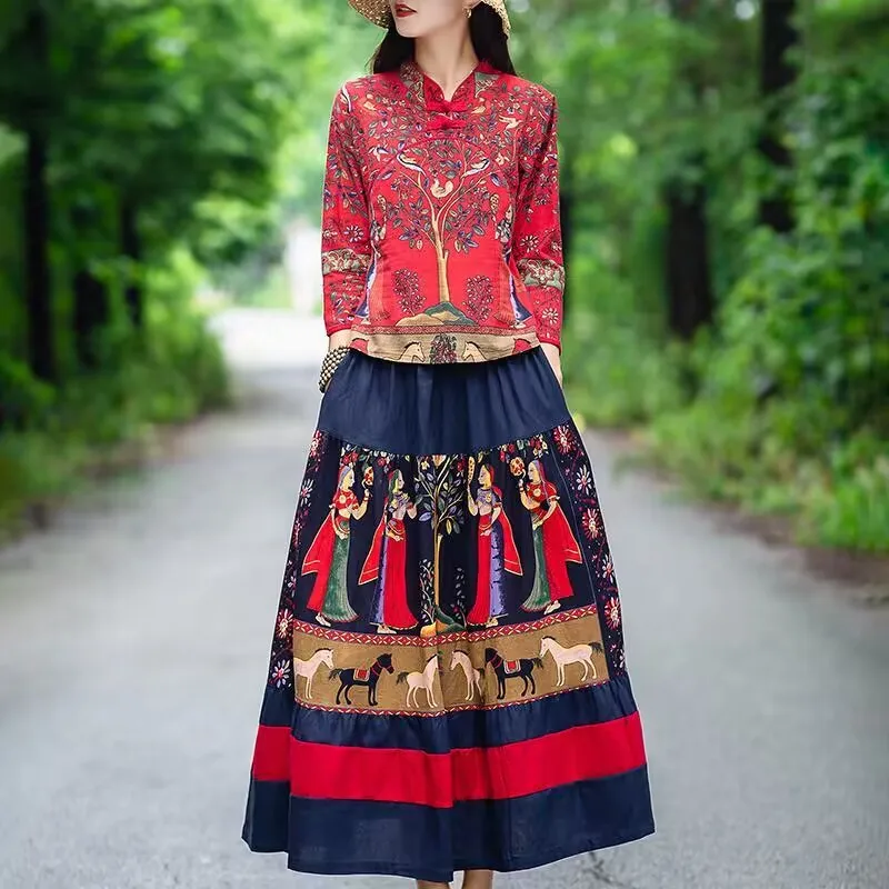 Retro China Style Women Cotton Linen Tops Skirt Set Clothing Ethnic Traditional Tang Suit Blouses Harajuku Fairy Orientale Ropa