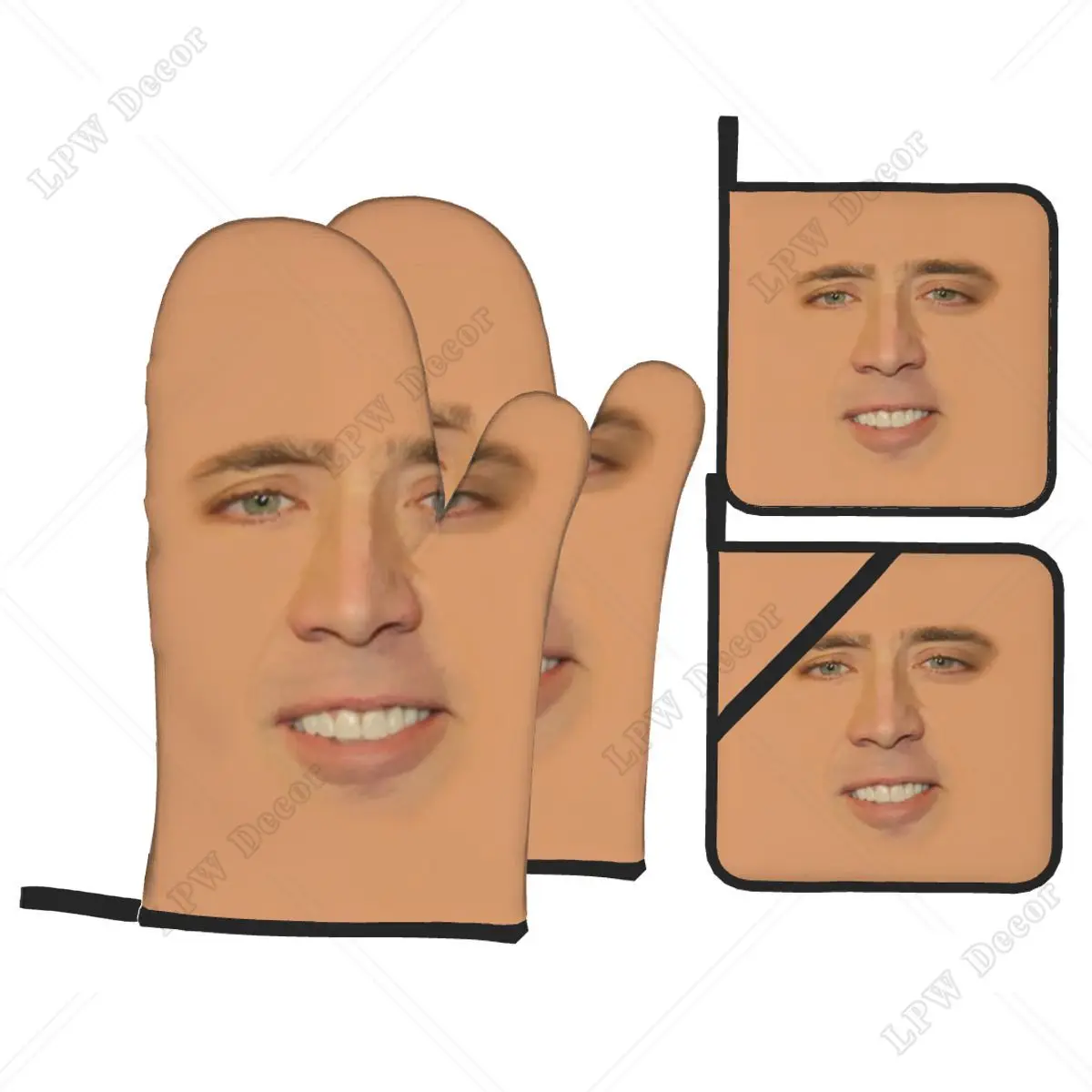 Custom Nicolas Cage Face Oven Mitts and Pot Holders for Kitchen Sets of 4 Funny Meme Heat Resistant Baking BBQ Cooking Gloves