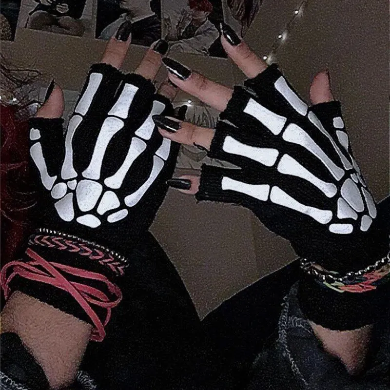 Black Fluorescence Half Finger Gloves Ghost Claw Knitted Gloves Finger Glue Skull