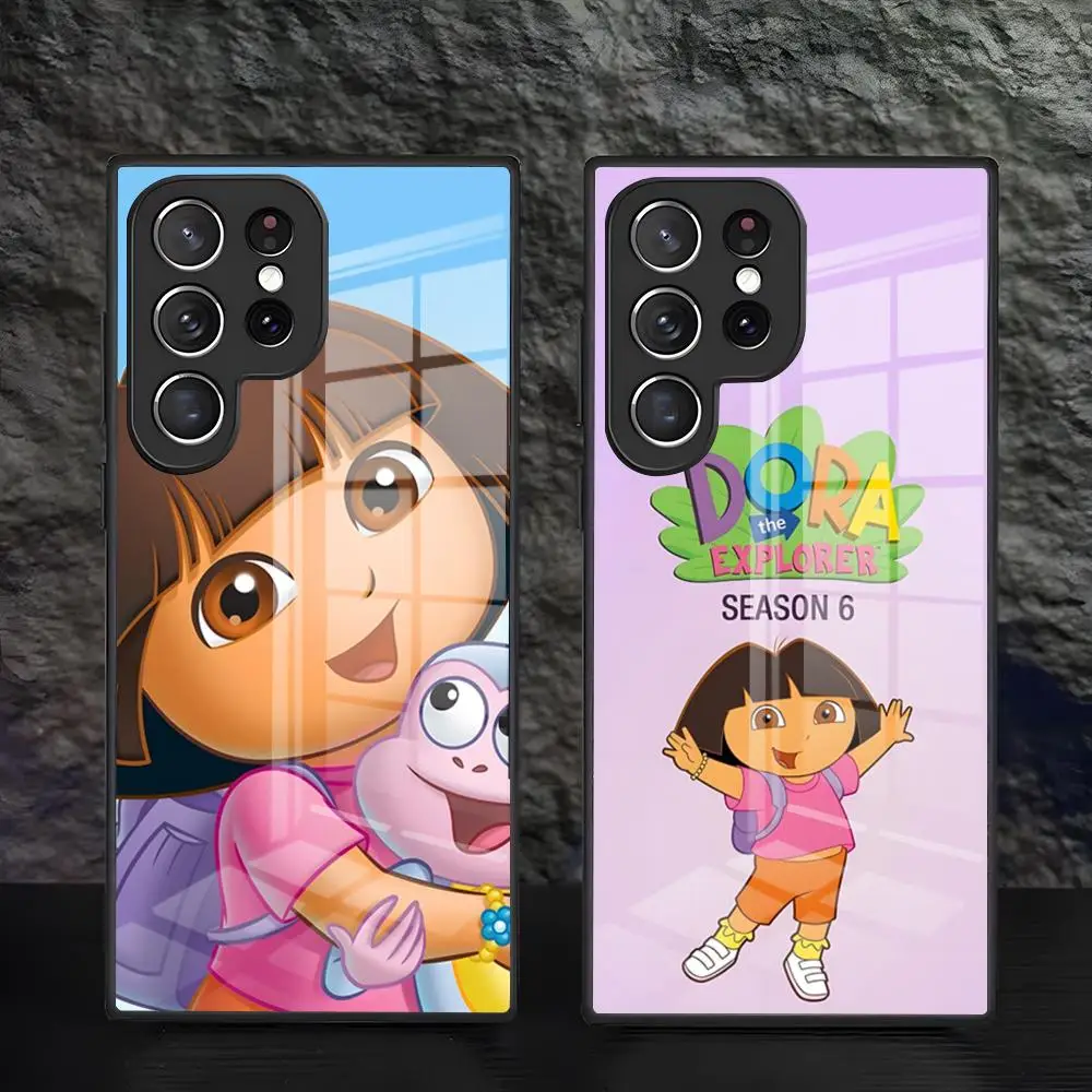 Capa de Telefone Dora da Série de Animação para Samsung S26 S25 S24 FE S23 S22 S21 Plus S20 Ultra Note20Ultra, Capa de Vidro Preta