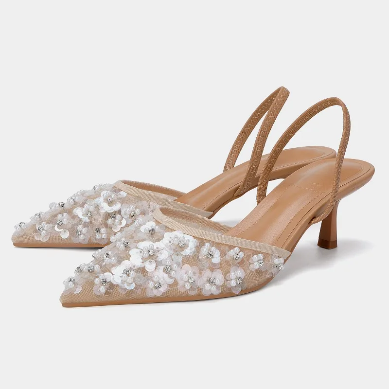 

Mesh Bling Designer Women's Heels Sandals String Bead Luxury Party Dress Shoes Fashion Breathable Pointed Toe Mules Women Pumps
