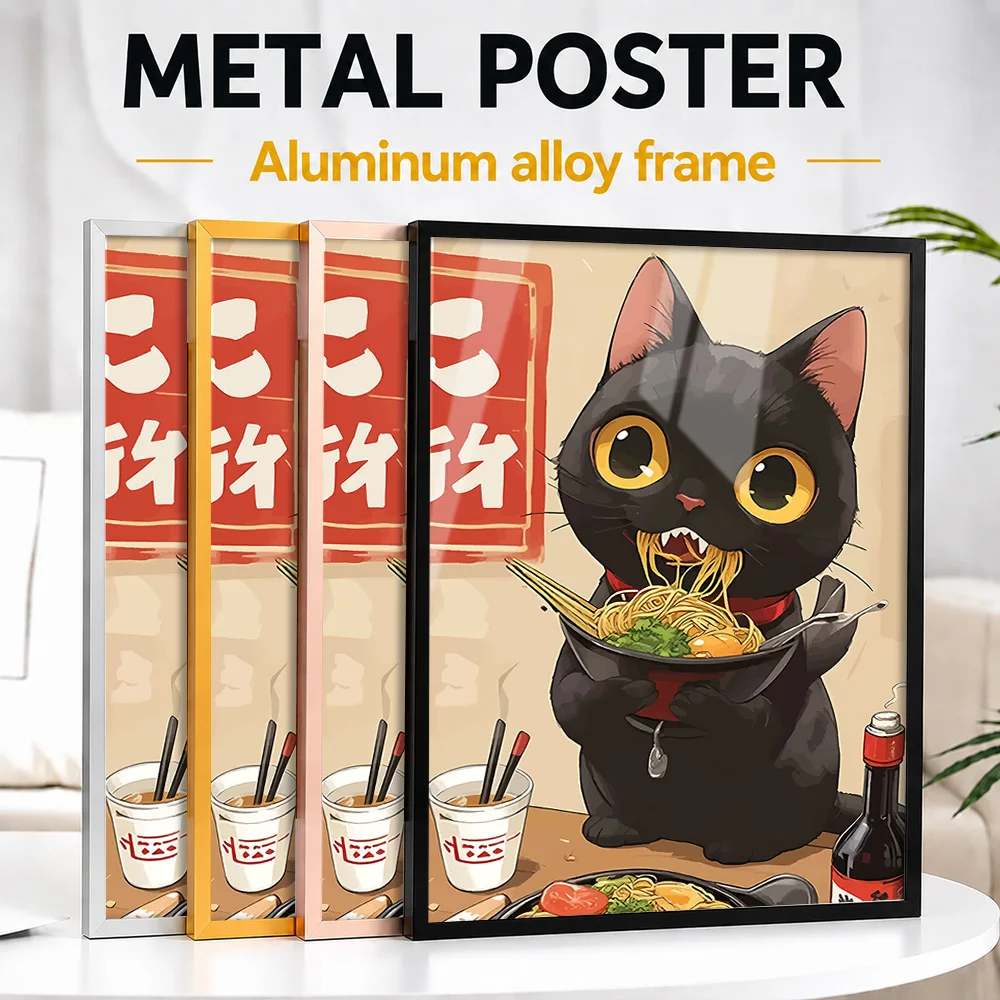Cartoon Cat Eating Ramen Noodles Metal Poster With Aluminum Alloy Frame Personalized Comic Style Wall Art For Breakfast Nook