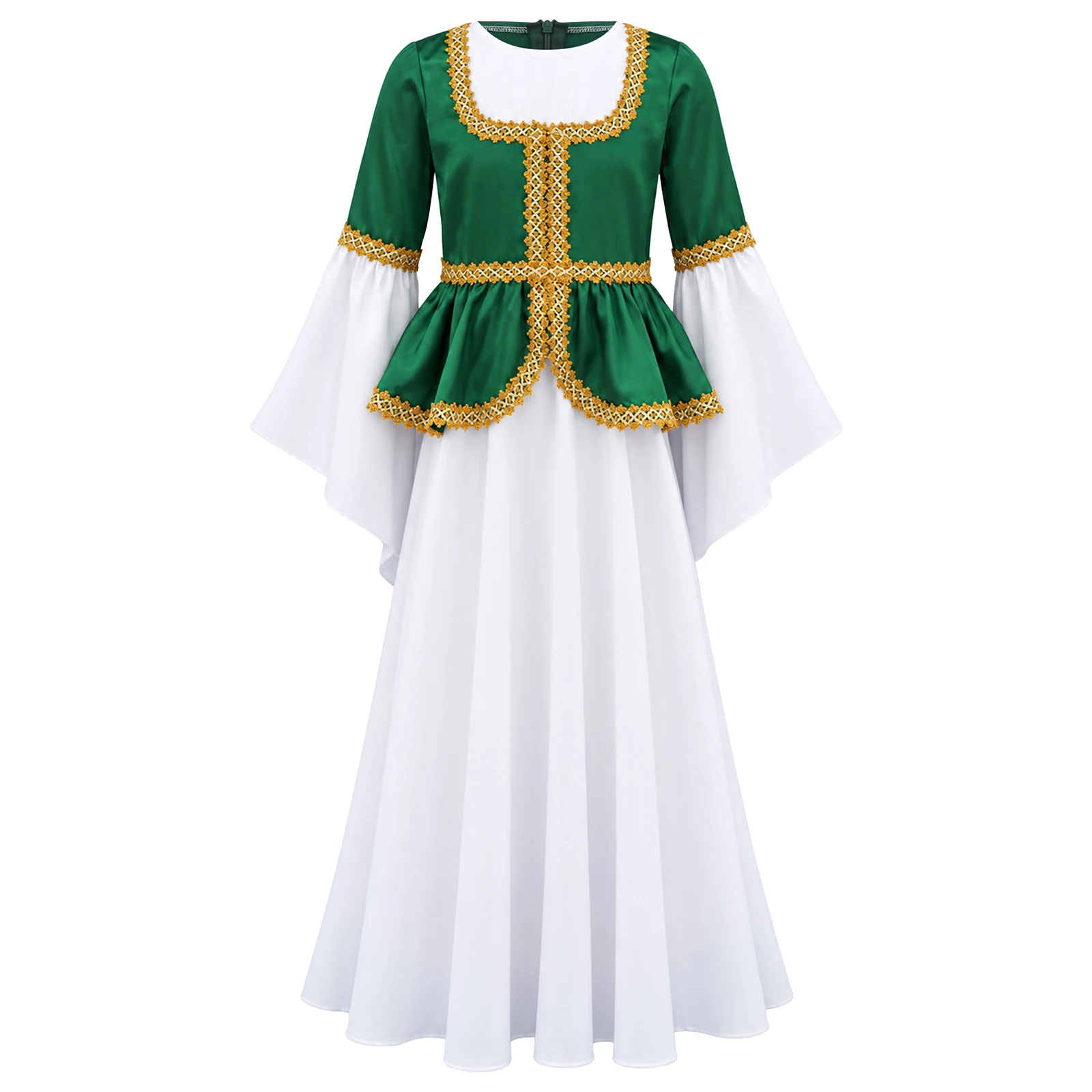 Kids Girls Renaissance Cosplay Costume Flared Sleeve Gold Trim Medieval Princess Peplum Dress for Halloween Carnival Stage Show view 3