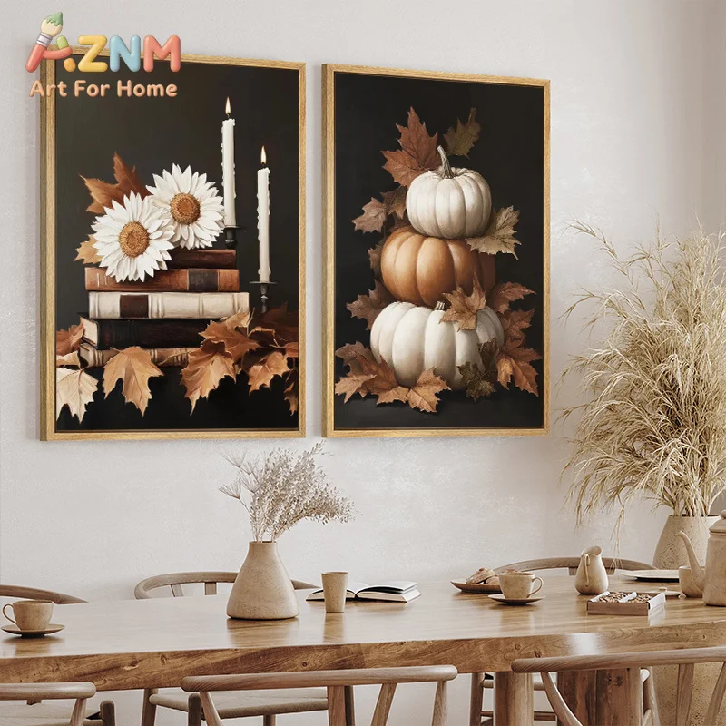 AZNM Autumn White Pumpkin Sunflower Book Maple Leaf Canvas Wall Art, Vintage Fall‑themed Frameless Canvas Print Poster for Dinin