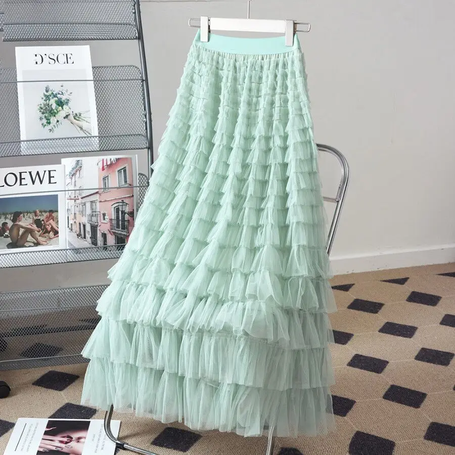 

High Quality Elegant Puffy Cake Long Mesh Skirt Elastic Waist Gauze Tulle Skirt For Autumn