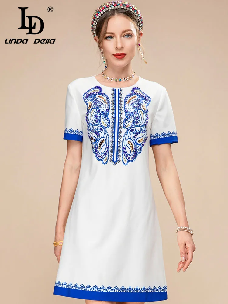 

LD LINDA DELLA 2023 New Fashion Runway Summer Mini Dress Women O-neck Short Sleeve Beading Printed Loose White Short Dress