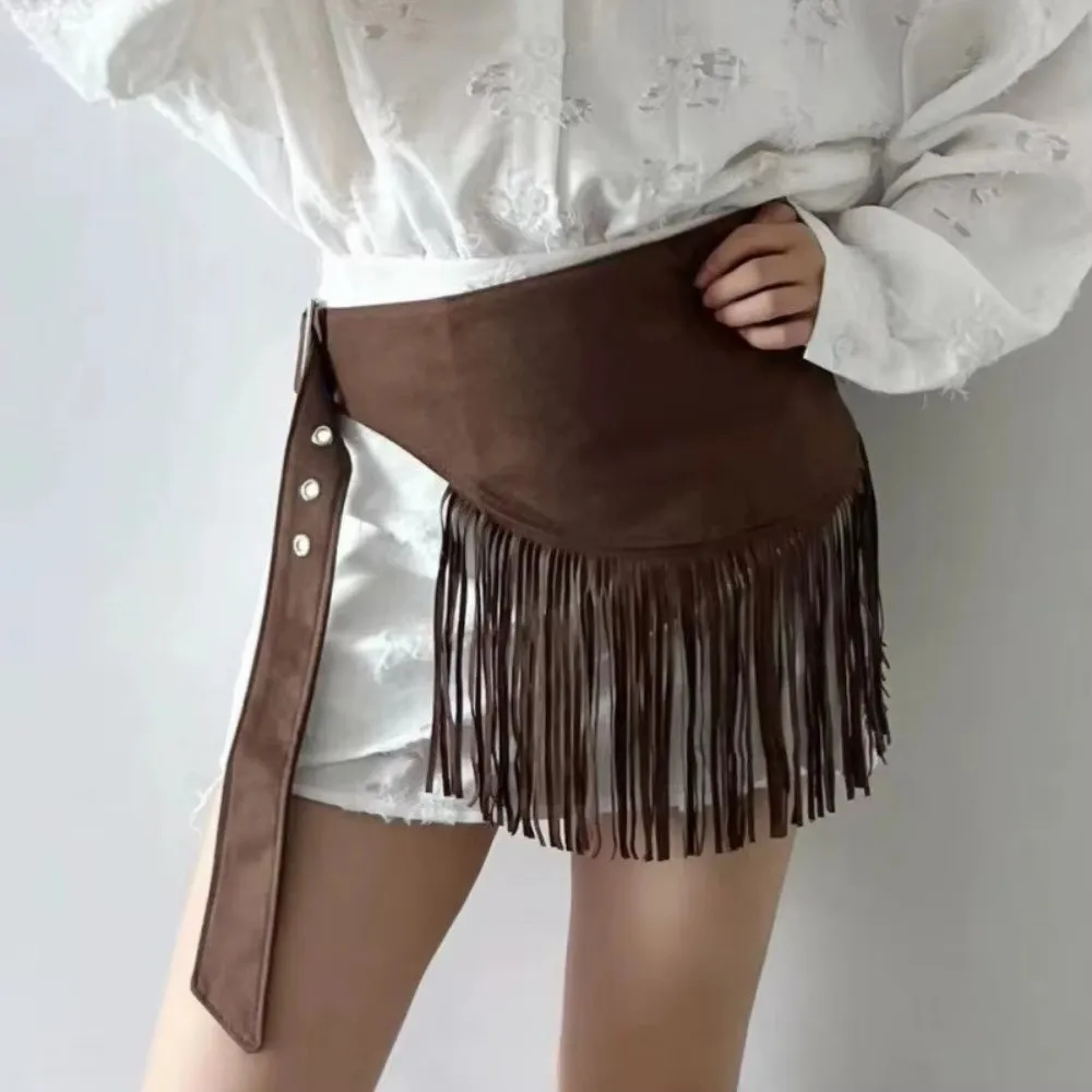 

Vintage Solid Color Tassel Waist Belt Fringe Korean Style Mini Skirts Cummerbund Short Triangle Butt Curtain Women