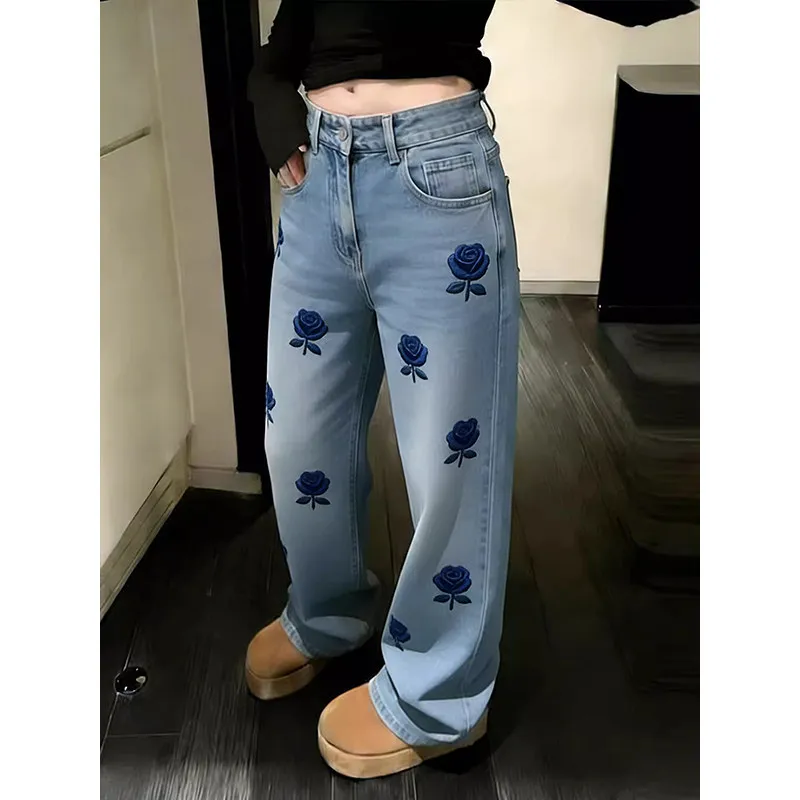 

Y2k High Waist Rose Embroidery Jeans Light Blue Straight Baggy Wide Leg Denim Pants Harajuku Minimalist Casual Full Length Pants