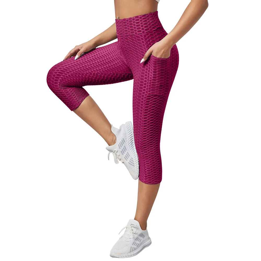 Women High Waist Jacquard Bubble Yoga Pants Slimming Leggings Fitness Running Workout Gym Sport Training Tights