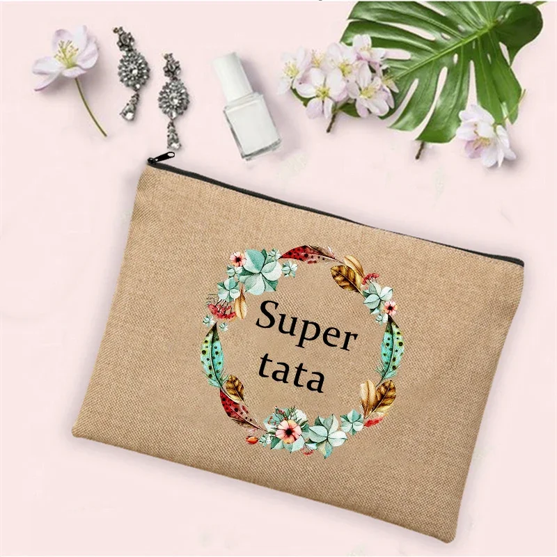 Super Tata Wreath-bolsas de maquillaje de lino con estampado para mujer, Neceser de viaje con cremallera, organizador de artículos de tocador, los