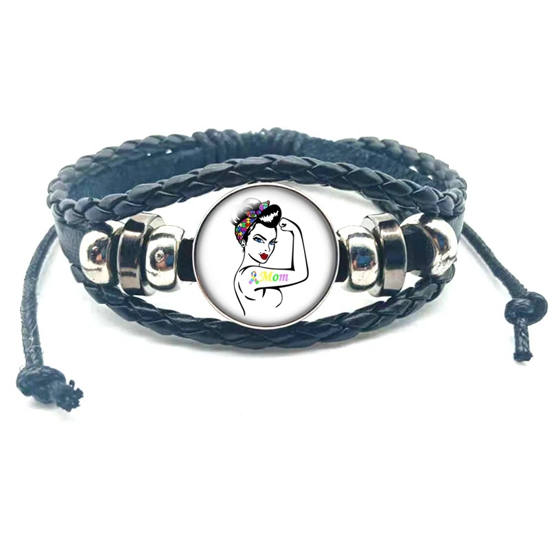 Autism Awareness Bracelet Holder Red Ribbon Puzzle Love Cabochon Glass Multilayer Charm Leather Bracelet Men Women Jewelry Gifts image 5