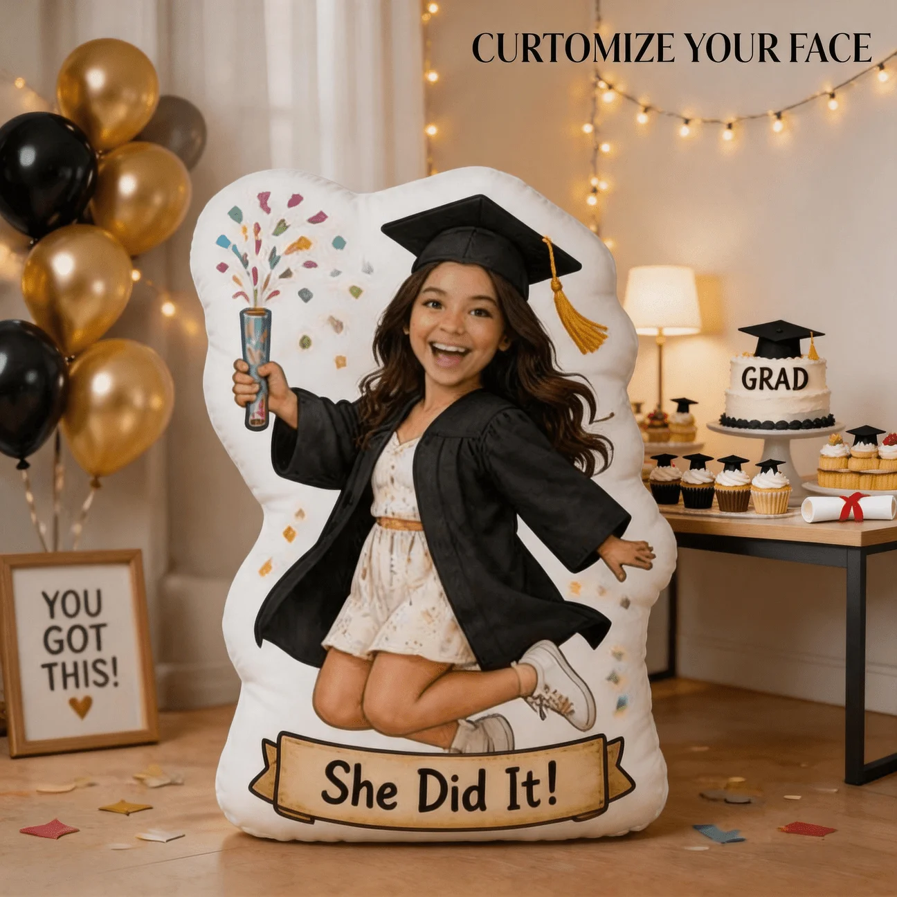 Custom Photo Graduation Look Shaped Pillow, Personalized Face Decorative Cushion with Celebration Design, 60CM Large Size Accent